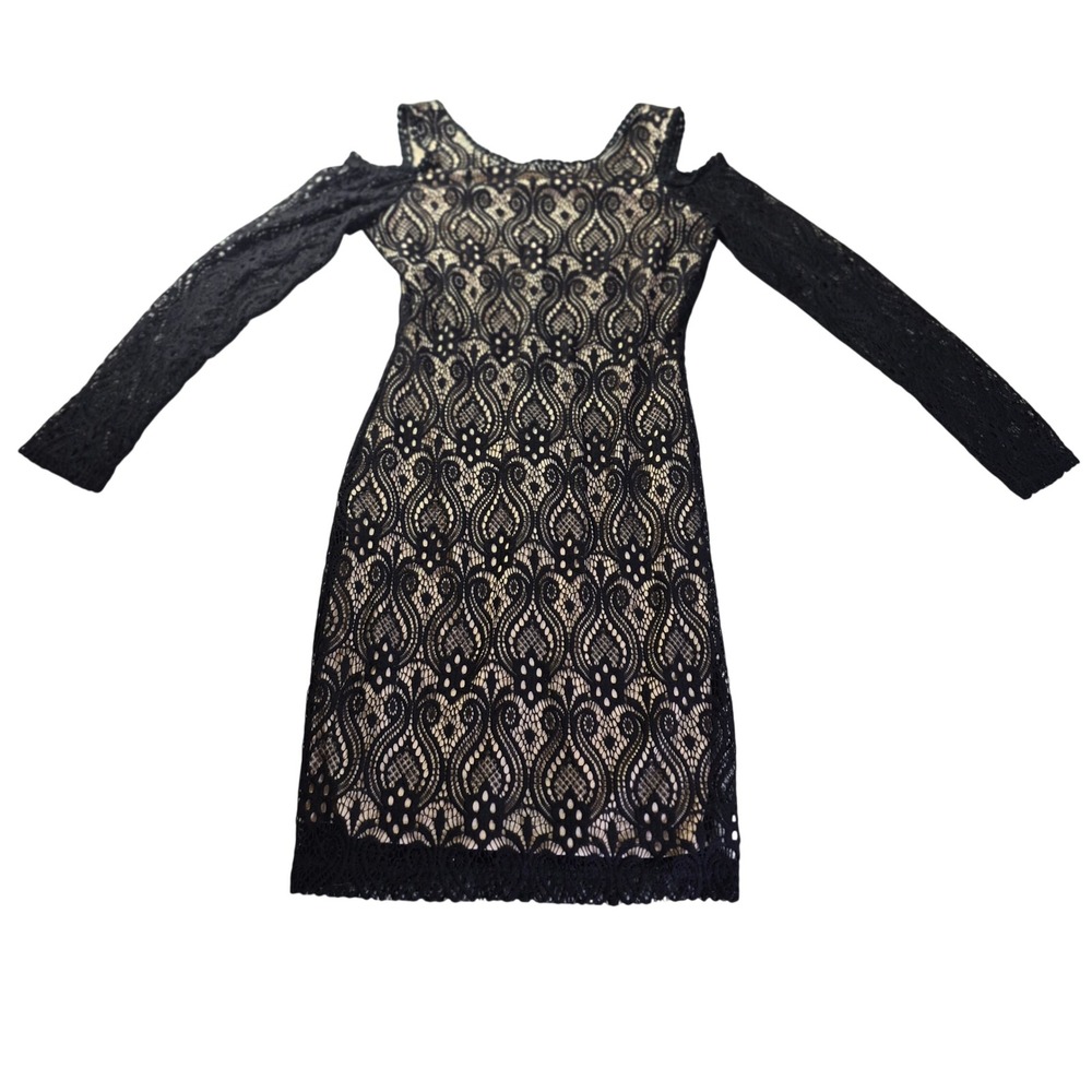 Mystic Black Lace Cold Shoulder Bodycon Dress Large Womens Mini Long‎ Sleeve